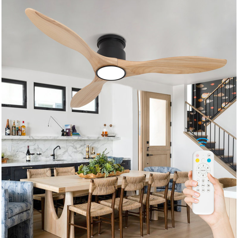 Ventilateur de plafond à DEL 52 po intérieur / extérieur à intensité variable avec lumière et télécommande, Light Yellow Wood