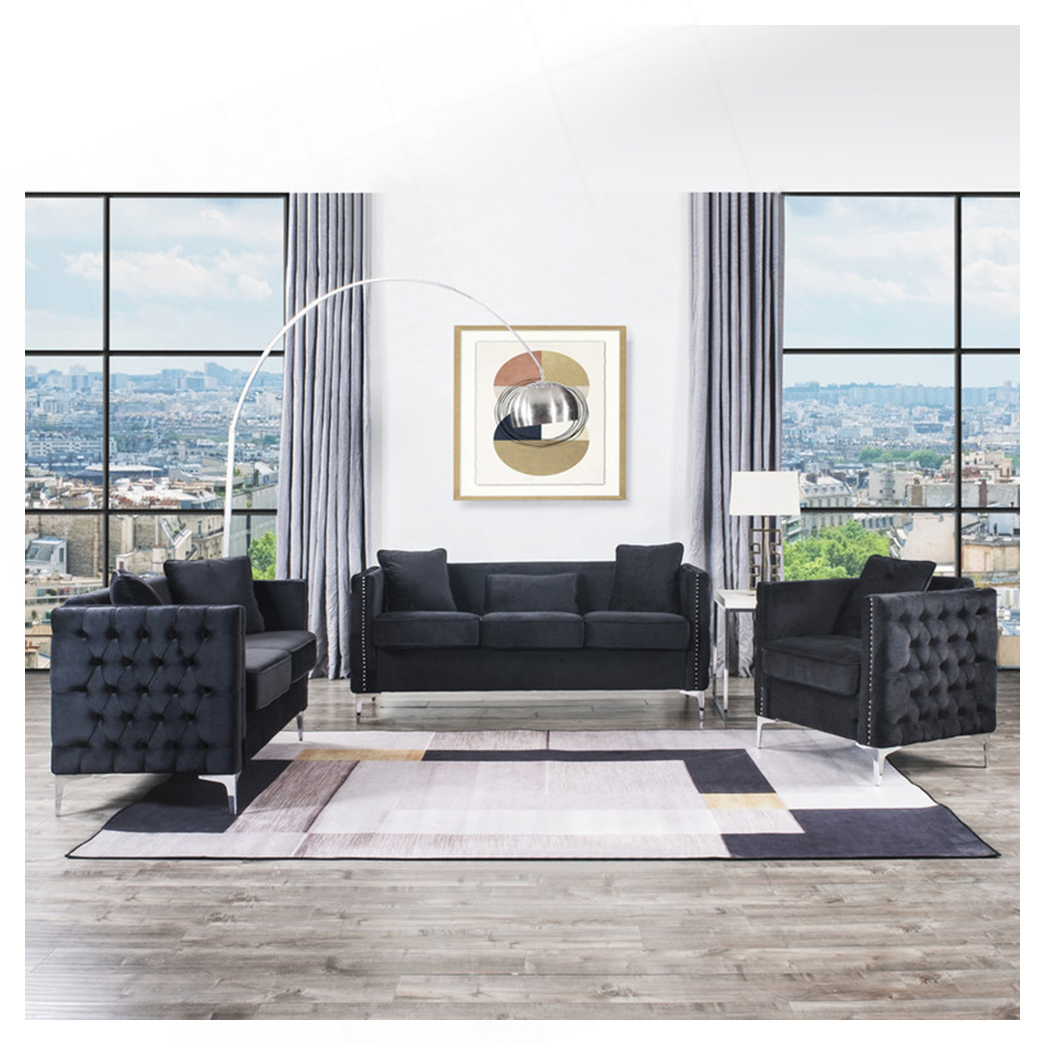 Rosdorf Park Bayberry Black Velvet Sofa Loveseat Chair Living Room Set ...