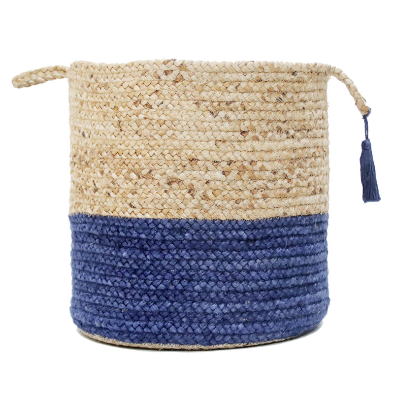 Handmade Round Tan and Sapphire Blue Jute Storage Basket with Loop Handles