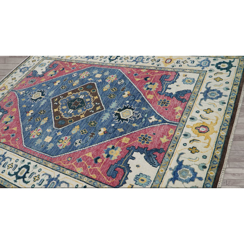 Tapis bleu en laine noué à la main de conception unique 9 pi 1 po x 11 pi 11 po