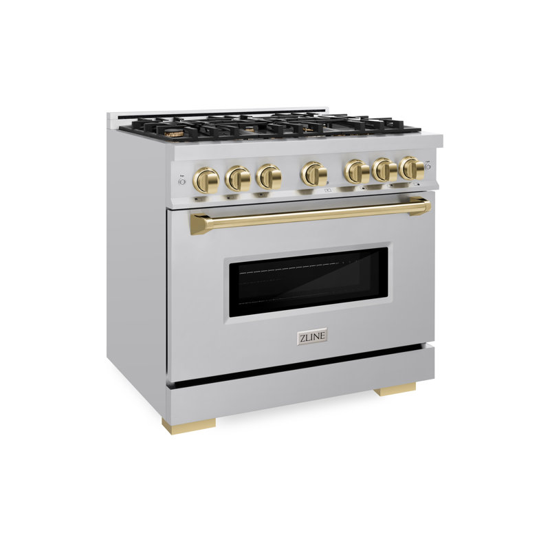 ZLINE 36" Classic Dual Fuel DuraSnow Range w/ 6 Brass Burners & Convection Oven, Gold