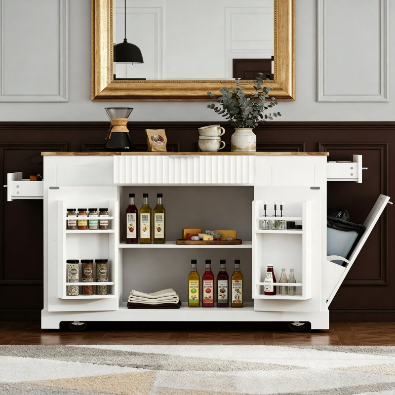 White, Recessed Kitchen Island With 5 Wheels For Easy Movement. Includes Trash Can, Storage Cabinet, Power Outlet, 3 Drawers, 3 Side Shelves, And Can Hold A 10-Gallon Bin. Multi-Functional Storage Work Surface.