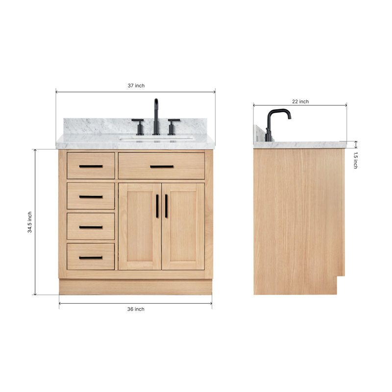 ARIEL HEPBURN 37 IN RIGHT OFFSET RECTANGULAR SINK VANITY 1,5 IN, Natural Oak, Right, Rectangular