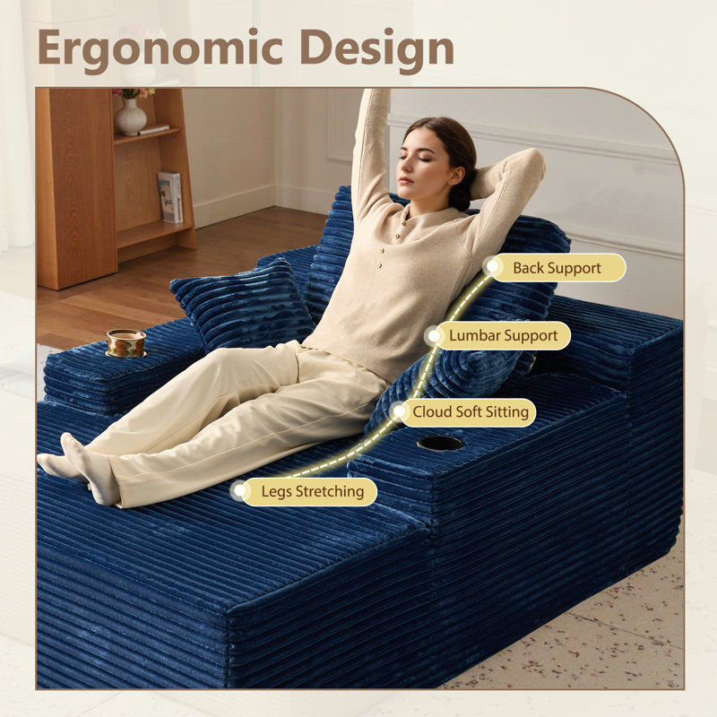 48.42'' Wide Oversized Upholstered Chaise Lounge Chair With Armrests, Pillows, And Cup Holder – No Assembly Required