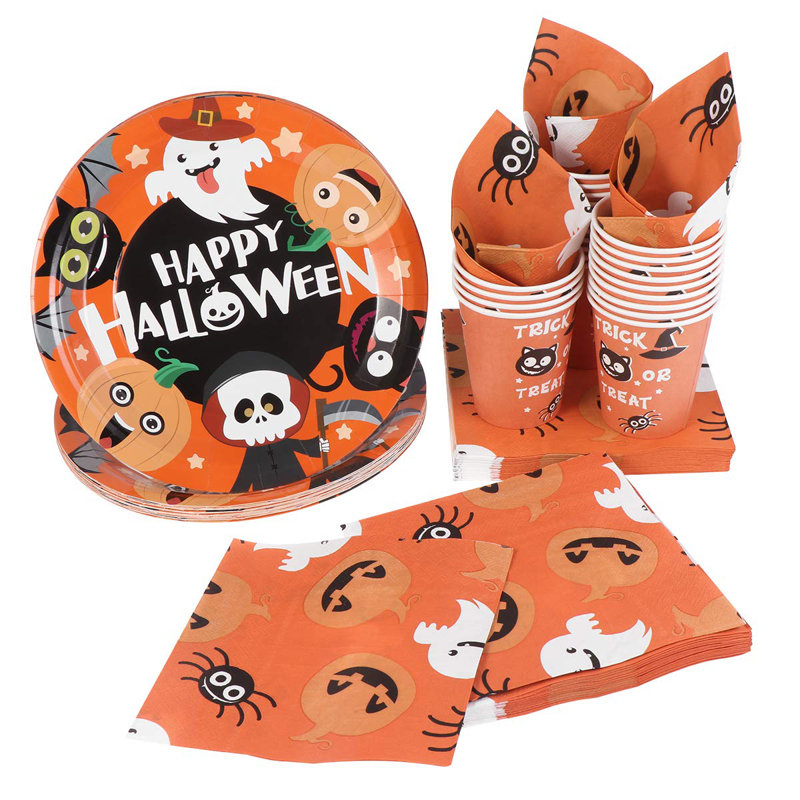 Halloween Party Disposable Tableware Set with Plates, Cups, and Napkins