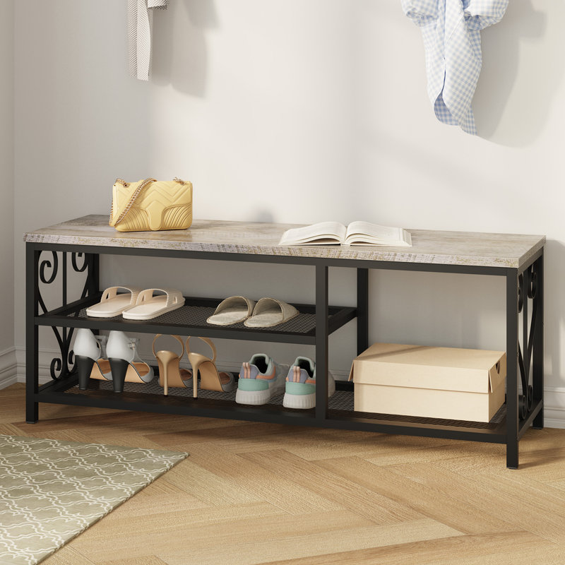 Rustic Shoe Storage Bench with Shoe Rack Shelves for Entryway, Grey