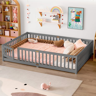 Queen Size Bed Floor Bed With Safety Guardrails And Door For Kids, Gray