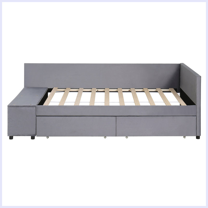 Lit plateforme simple tapissier en forme de L avec rangement et tiroirs, Beige