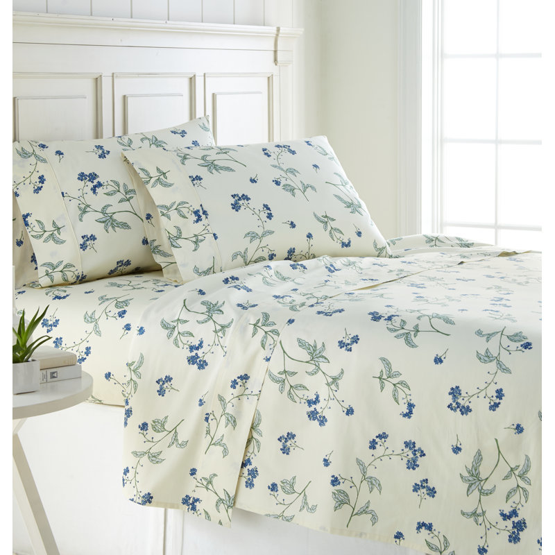 Myosotis Scorpioides 300 Thread Count Floral 100% Cotton Sateen Sheet Set, King Sheet Set with 2 Pillowcases, Off-White