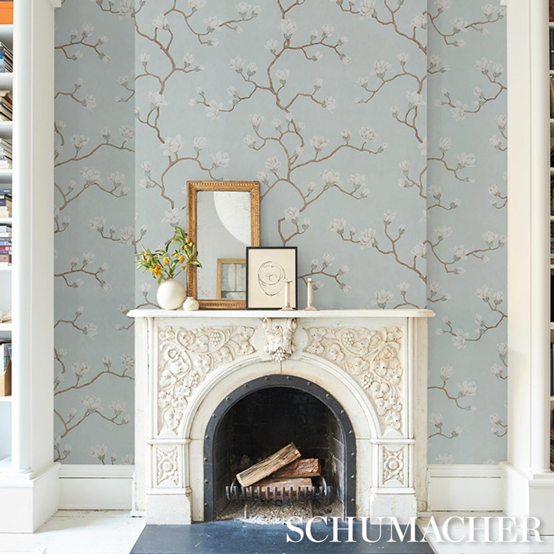 Magnolia Floral Non-Woven Wallpaper Roll, Dusty Sky