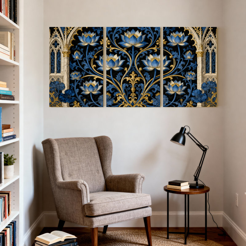Plantes et fleurs, lotus bleu, vigne dorée, arche gothique, ensemble de 3 impressions sur toile, H 18 po x l 12 po