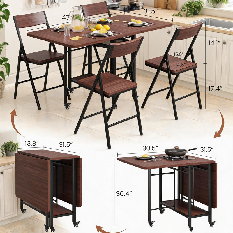 Ensemble de table de salle à manger pliante 5 pièces peu encombrante pour table de cuisine à 4 abattants avec 4 chaises pliantes, tablette de rangement, roues verrouillables, structure en acier robuste et compacte - idéale pour les petites salles à manger
