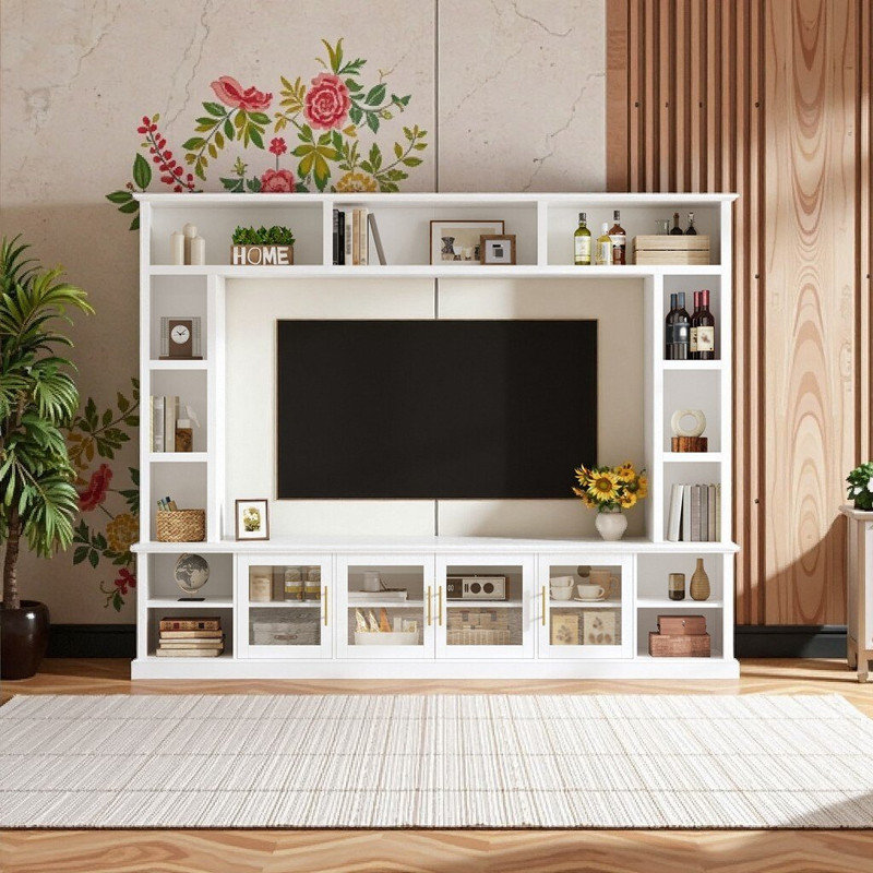 Meuble audio-vidéo avec tablettes réglables pour téléviseurs de 80 po et moins, console média et bibliothèque, Blanc