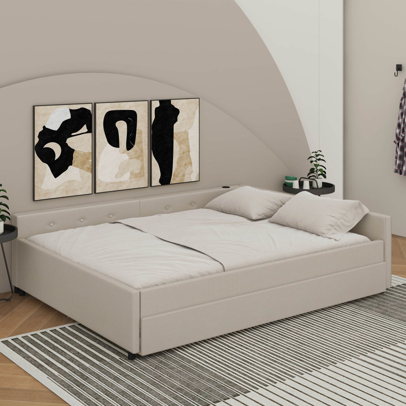 Lit plateforme tapissier avec port USB et gigogne, Grand lit