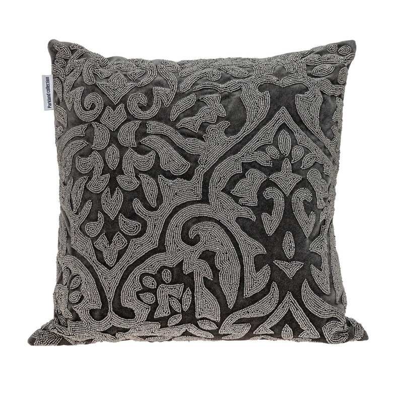 Coussin 18 "en velours damassé gris et argent avec perles, Gris
