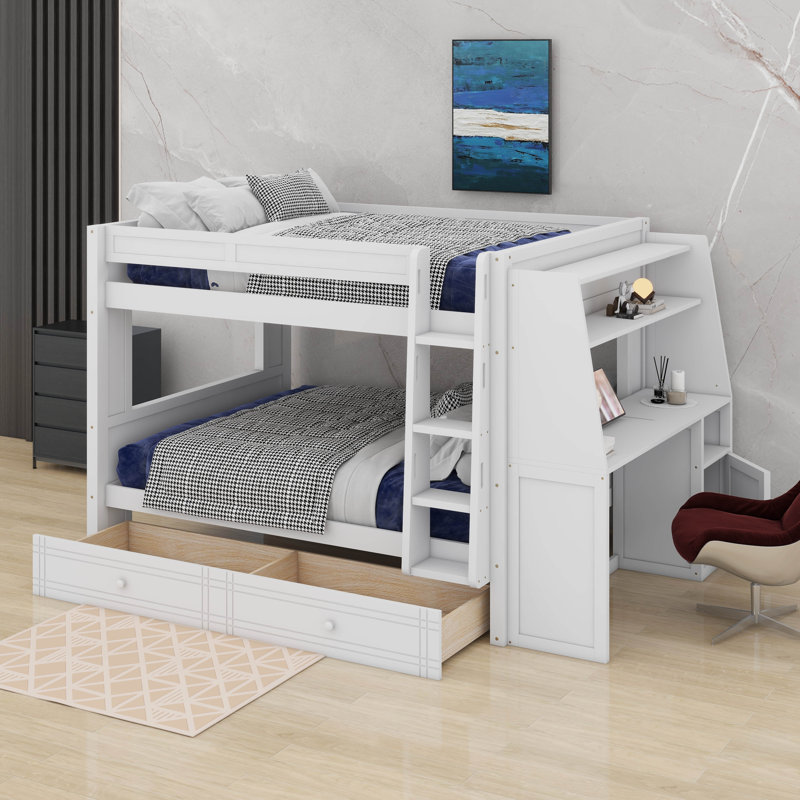 Lit superposé double avec bureau et tiroirs, Blanc