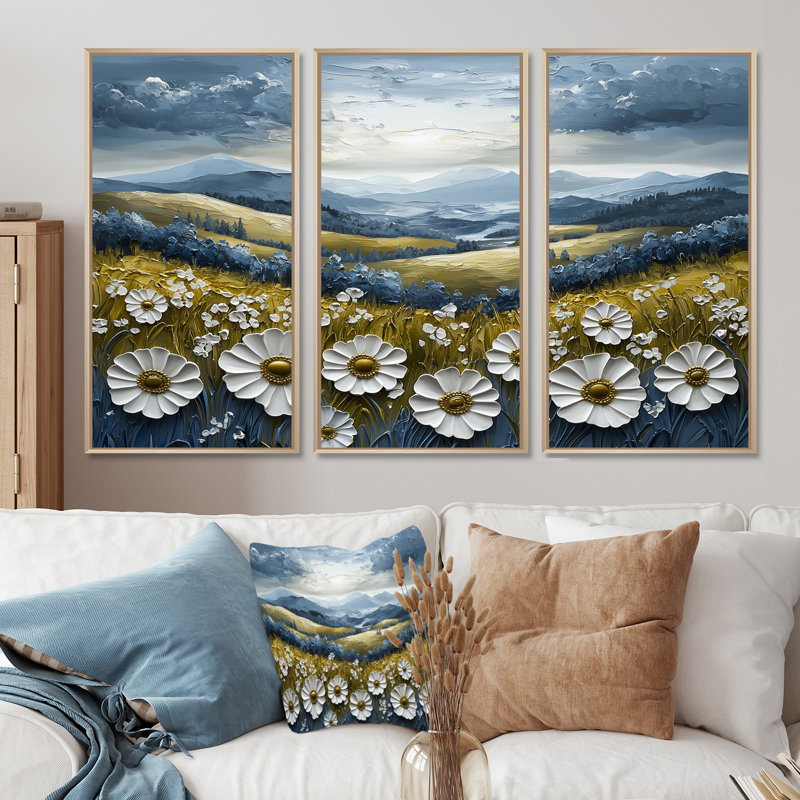 «Green Alpine Meadows Abstract Landscape II», ensemble de décorations murales, Toile naturelle avec cadre flottant