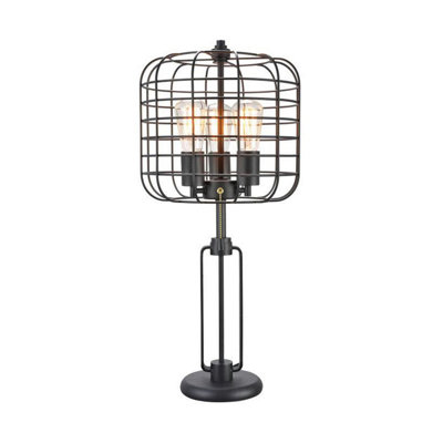 26.5" Tall "Edison" 3-Light Table Lamp, Industrial Cage Design, Powder Coated