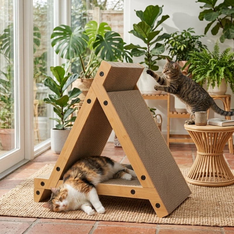 Lokey en bois naturel avec surface en carton ondulé, planche à griffer triangulaire pliable pour chats d'intérieur