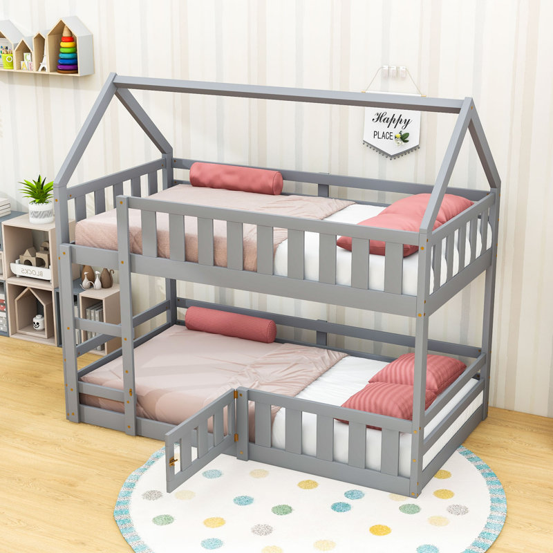 Twin Over Twin House-Shaped Bunk Bed With Fence And Door, Gray