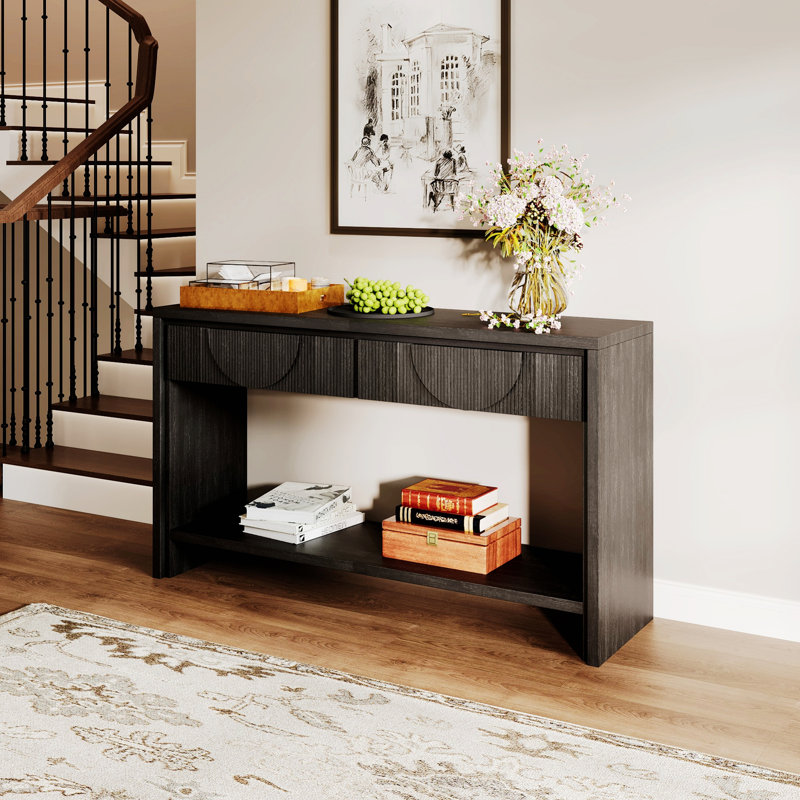 Console de style campagnard avec tiroirs de rangement et tablette ouverte, Noir