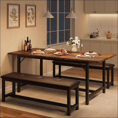 63" Dining Table Set for 4-6, Large Extendable Kitchen Table Set with 2 Upholstered Benches for 6, 3 Piece Rectangle Dining Table Set for 4 for Apartm