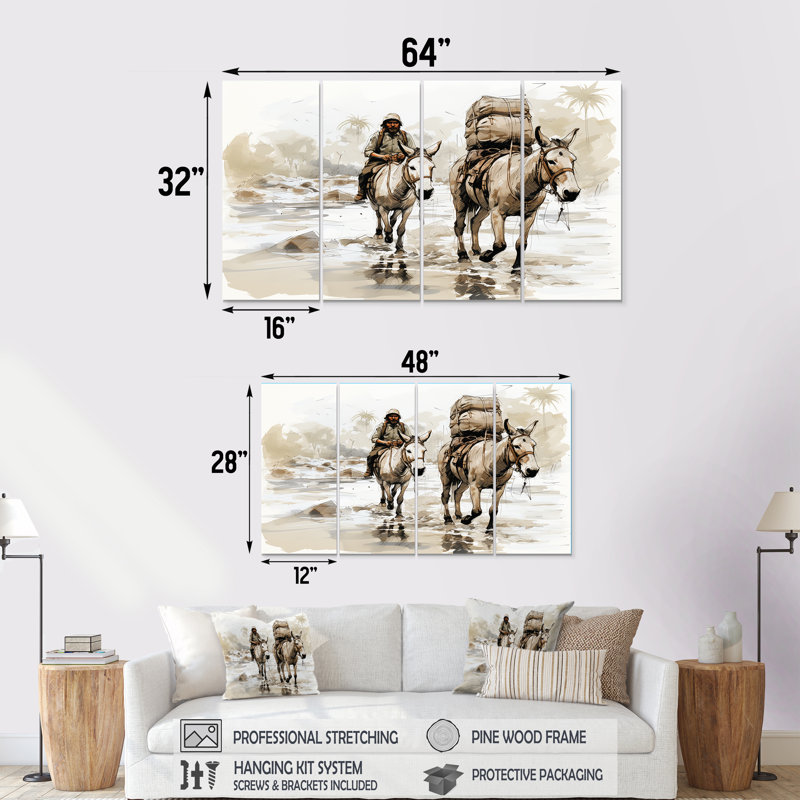«Vintage Donkey Journey In The Desert», ensemble d'art mural 4 pièces, H 32 po x l 64 po