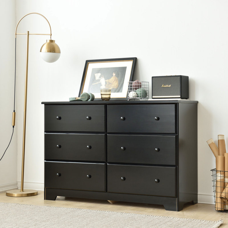 Isabela 6 Drawer Solid Wood Double Dresser, Black