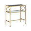 Table d'appoint rectangulaire en métal doré antique et en verre trempé avec brancard de style H, deux tablettes, glissières de plancher, 21,34 lb, 13,61 po de profondeur de tablettes transparentes, support structurel,