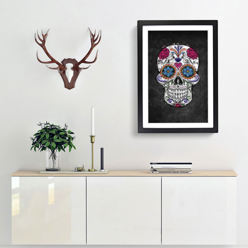 Floral Sugar Skull - Framed Print, 65cm H x 48cm W x 2cm D, Black Framed