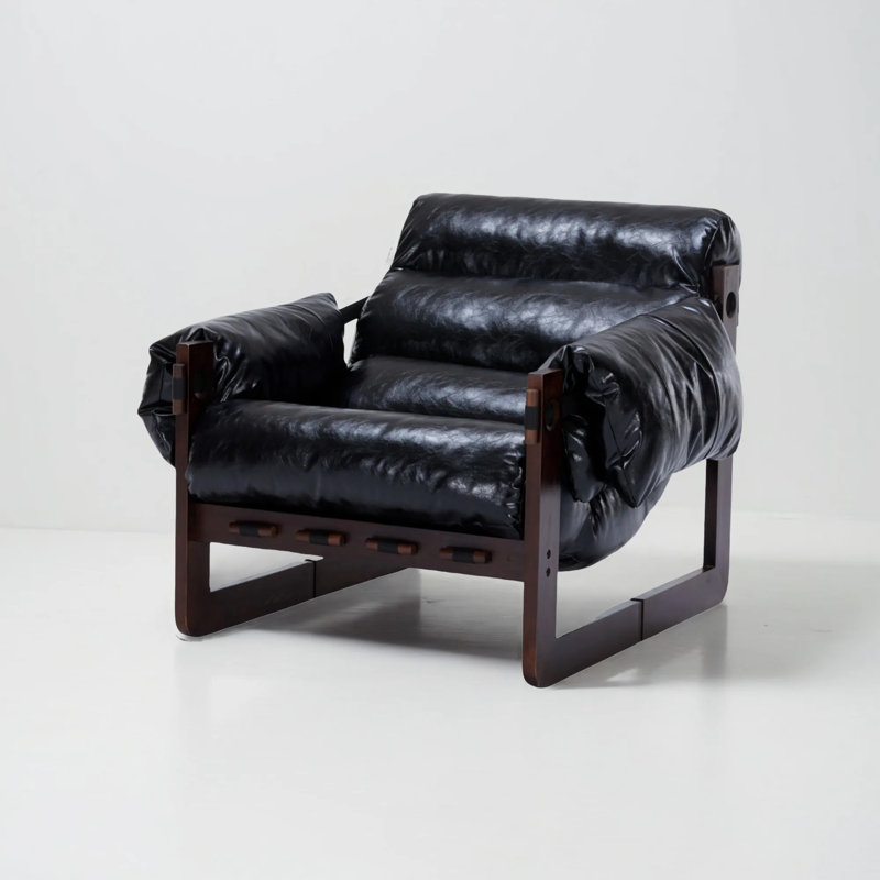 Vintage-Inspired Wooden Recliner Chair with Oil-Wax Leather, Antique Black