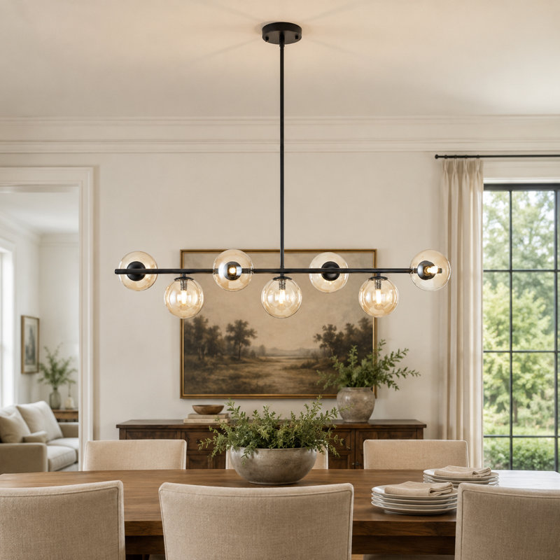 Kason Modern 7-Lights linear globe chandelier, Amber, Black