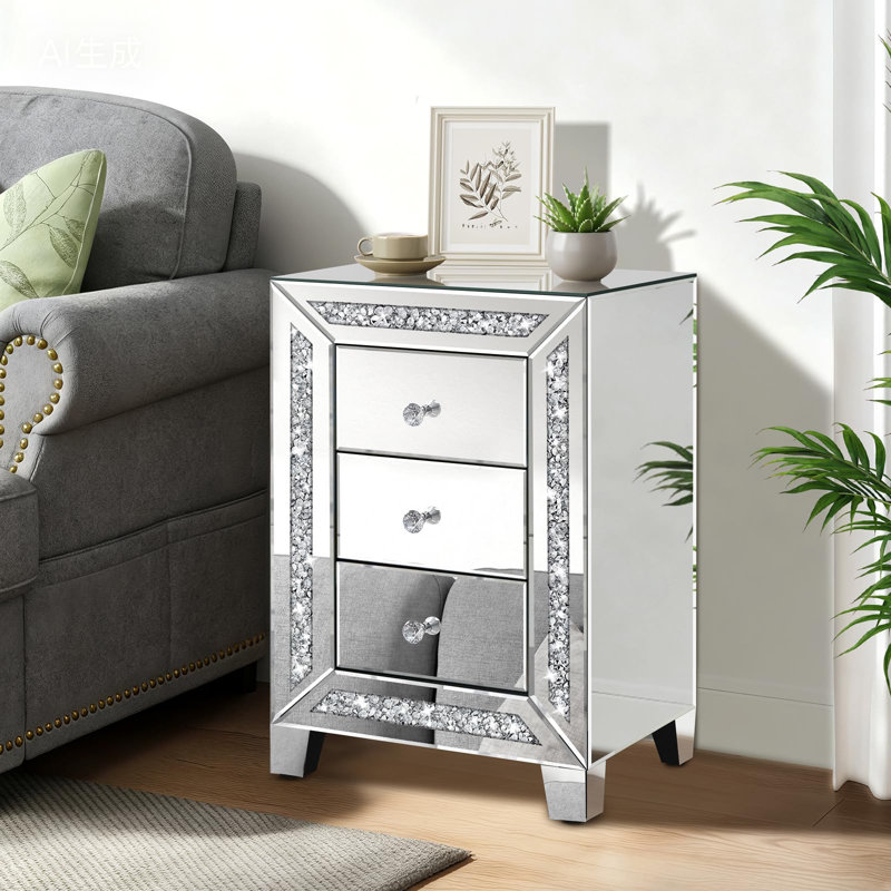 Table de chevet à miroir en diamant concassé, table de bout argentée avec poignée en cristal à 3 tiroirs, table de chevet à miroir pour le salon de la chambre à coucher