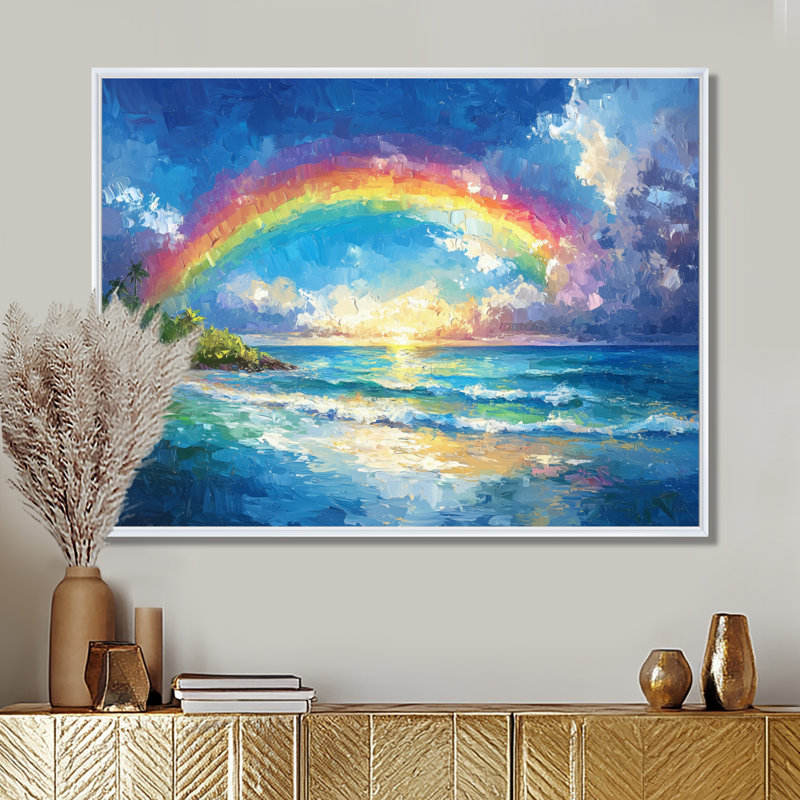 Arc-en-ciel dans les îles tropicales - art mural arc-en-ciel, H 16 po x l 32 po, Cadre flottant blanc