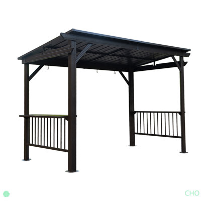 Abri de jardin à toit rigide, abri de barbecue extérieur avec 2 tablettes latérales et toit en acier galvanisé incliné, auvent de gril permanent en métal avec crochets de plafond pour patio, pelouse, cour arrière, terrasse
