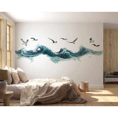 Ocean Waves Wall Decal, Coastal Wall Sticker, Beach Wall Art, Seagull Wall Mural, Bedroom Ocean Decor, 533Mv