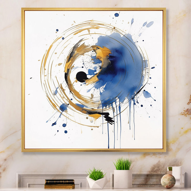 «Dark Blue & Gold Abstract Circle Texture», reproduction encadrée sur toile, H 24 po x l 24 po x P 1 po, Cadre flottant doré