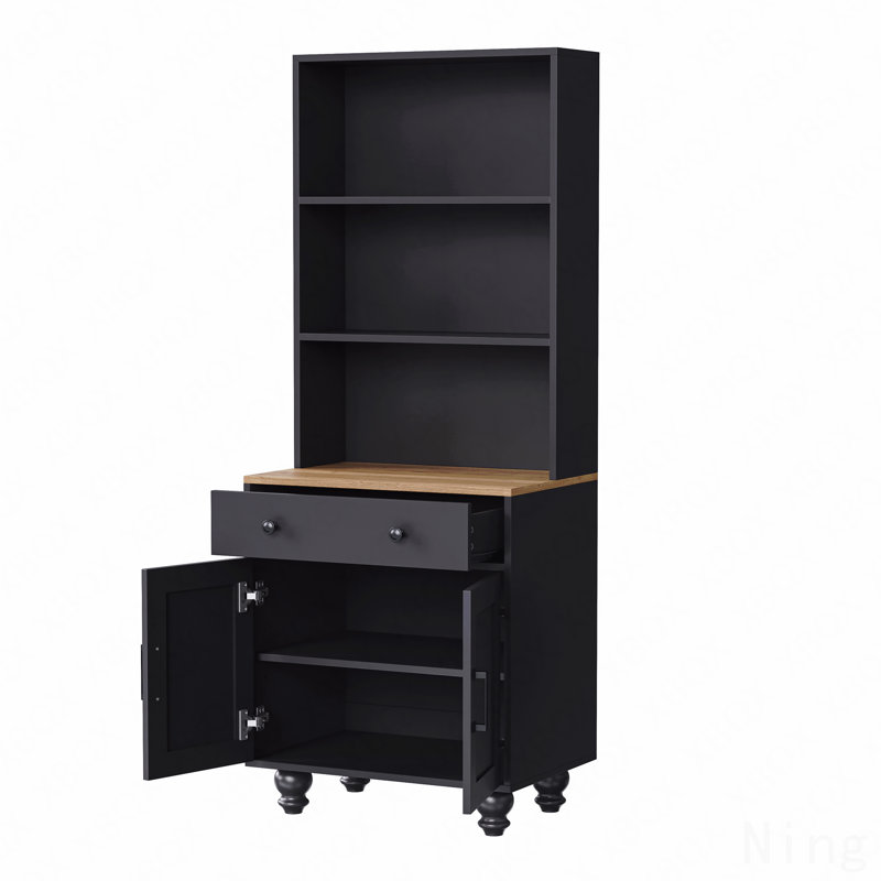 Farmhouse Storage Cabinet With 4 Solid Wood Gourd-Shaped Legs, Modern Kitchen Pantry With Adjustable Shelves, 5-Tier Bookshelf With Drawer