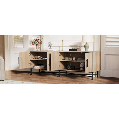 Meuble télé 4 portes avec tablettes réglables et fonction de gestion des câbles, finition naturelle, l 66 po x P 18 po x H 23 po, idéal pour un design de 65 po, parfait pour l'organisation du salon