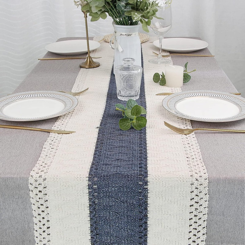 Blue Table Runner 72 Inches Long With Tassels Macrame Farmhouse Style Party Rustic Wedding Baby Bridal Shower Dining Decor (12X72 Inches)