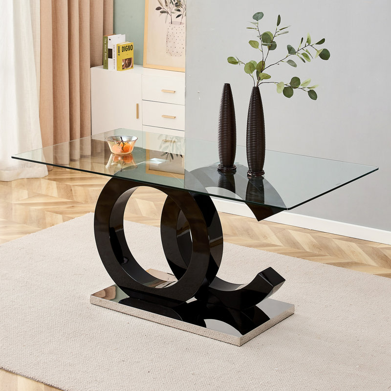 Grande table de salle à manger rectangulaire moderne en verre minimaliste pour 6 à 8 personnes avec plateau de table en verre trempé de 0,39 po en MDF et base en métal, pour la cuisine, la salle à manger et le salon.