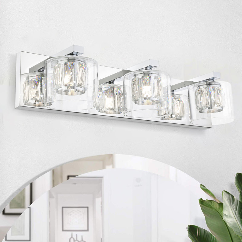 Delvon  3-Light Vanity Wall Sconce with Clear Glass and Crystal Accents – Stylish Lighting for Hallways and Bedrooms, Chrome