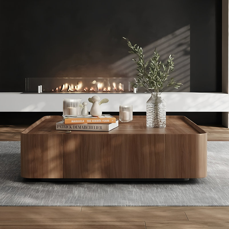 Modern Square Walnut Coffee Table with Storage Drawers & Black Wood Base
