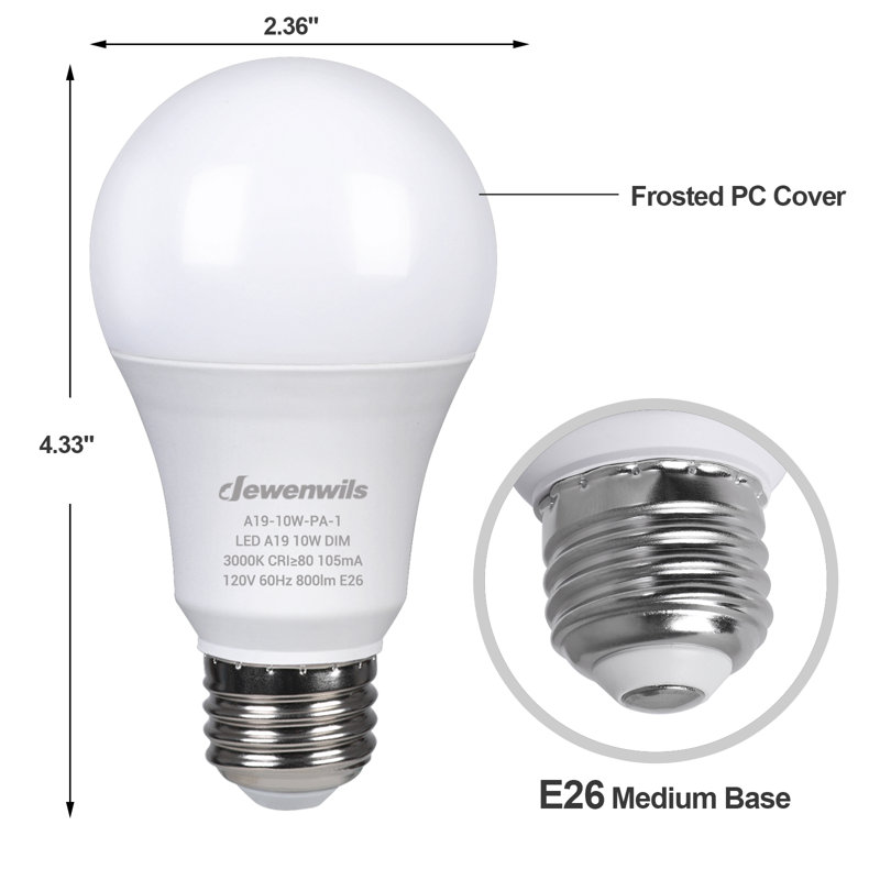 10 watts (équivalent à 60 watts), ampoule DEL A19 à intensité variable, culot moyen E26 (standard), 3000 K