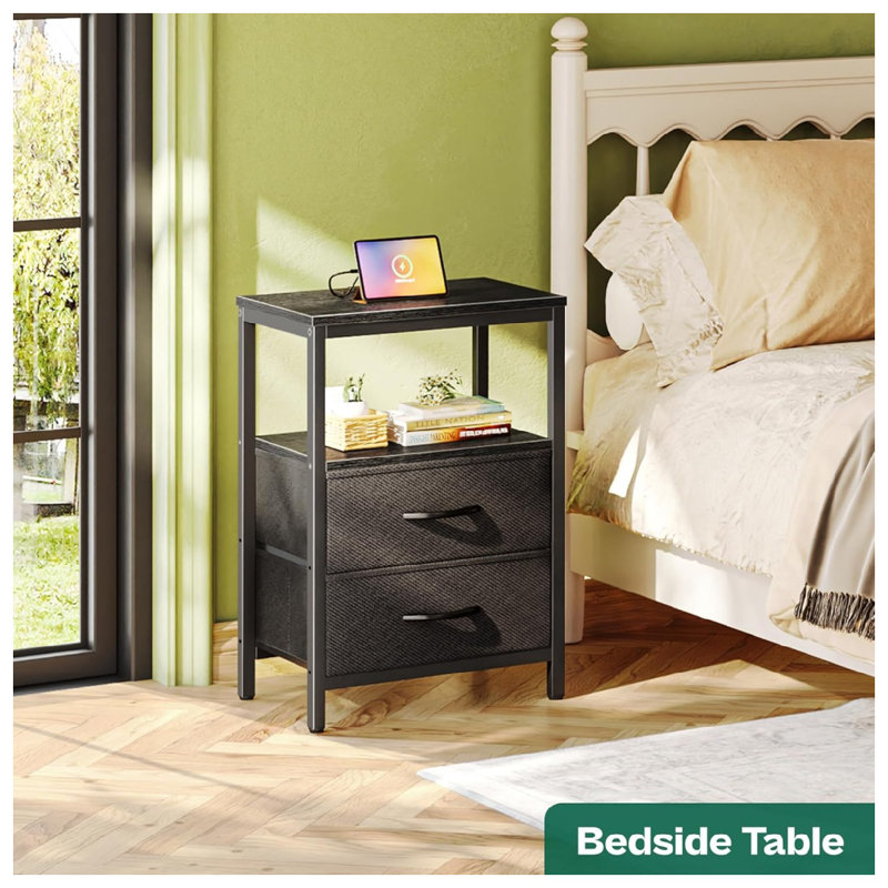 Nightstand With Charging Station, Side Table With Fabric Drawers, End Table With Open Shelf, Bedside Table With USB Ports And Outlets, Night Stand For Bedroom, Black