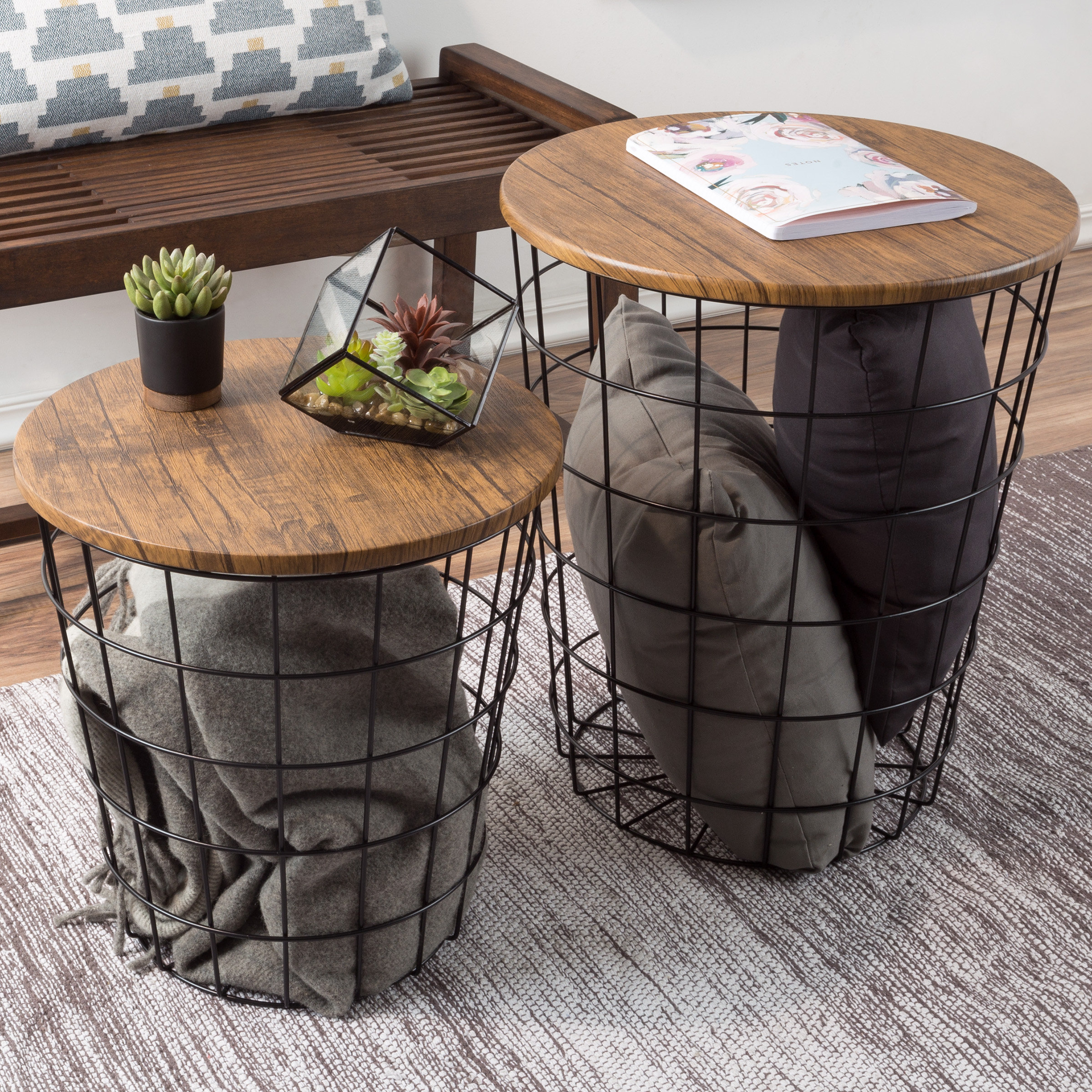 Wrought Studio™ Mcgowen Nesting End Table Set, with Storage - Round Living Room Tables with Metal Frame and Wood Top for Home, Playroom, and Office & Reviews | Wayfair