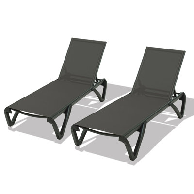 Pool Lounge Chairs Set Of 2, Aluminum Adjustable Outdoor Chaise Lounge With Wheels, All Weather Poolside Chairs For Deck Lawn Patio Backyard, PVC-coated polyester - Dark Gray