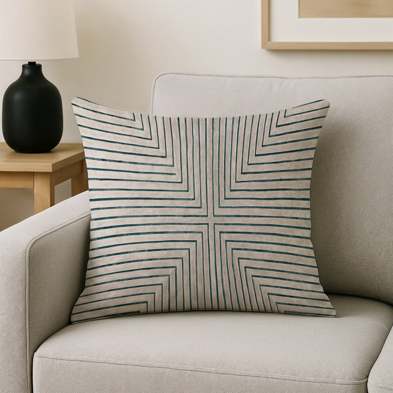 Coussin décoratif intérieur et extérieur Modern, Beige / vert / ivoire géométrique, Carré 20 po