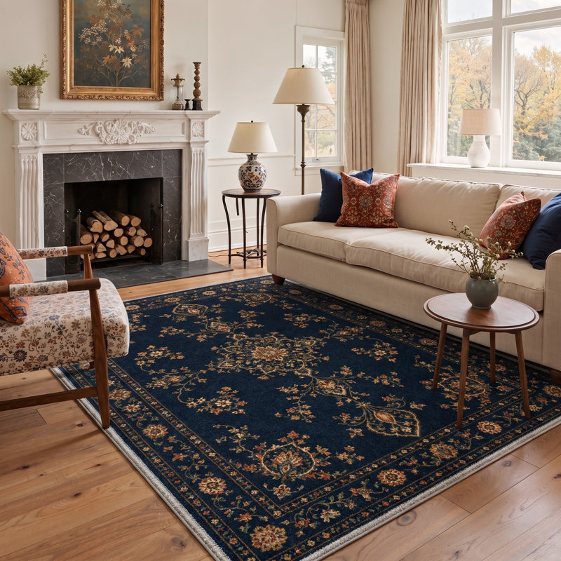 Tapis oriental bleu marine / doré lavable à la machine avec envers antidérapant, Rectangle 9 pi x 12 pi
