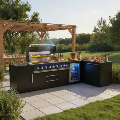 Akoah 5-Piece Modular Outdoor Kitchen Island Set with 8-Burner Grill, Fridge & Wheels